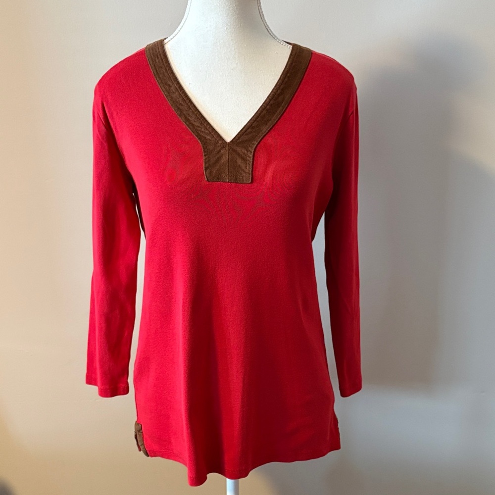 Ralph Lauren 100% Cotton Red V-Neck Top with Brown Suede Trim. Size Medium